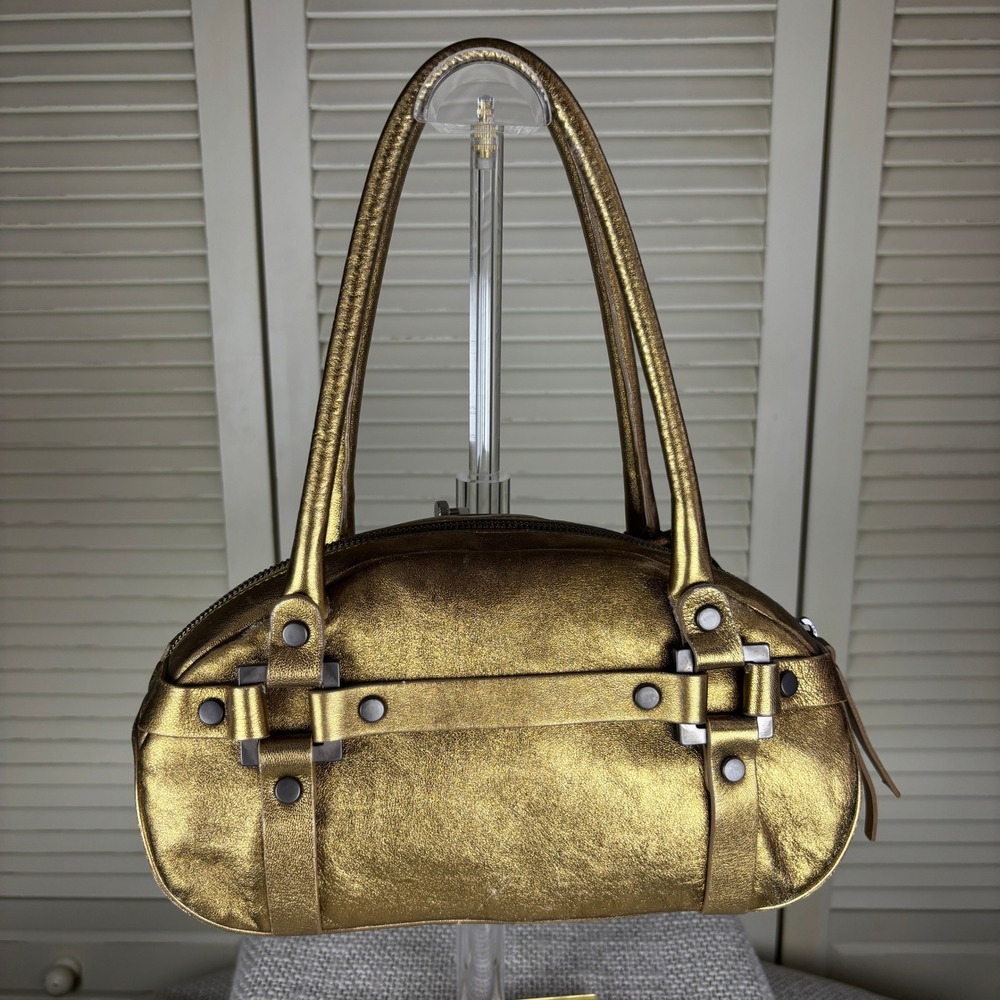 Bruno Magli Gold Leather Bowling Bag Italian Designer Metallic Buckle Handbag